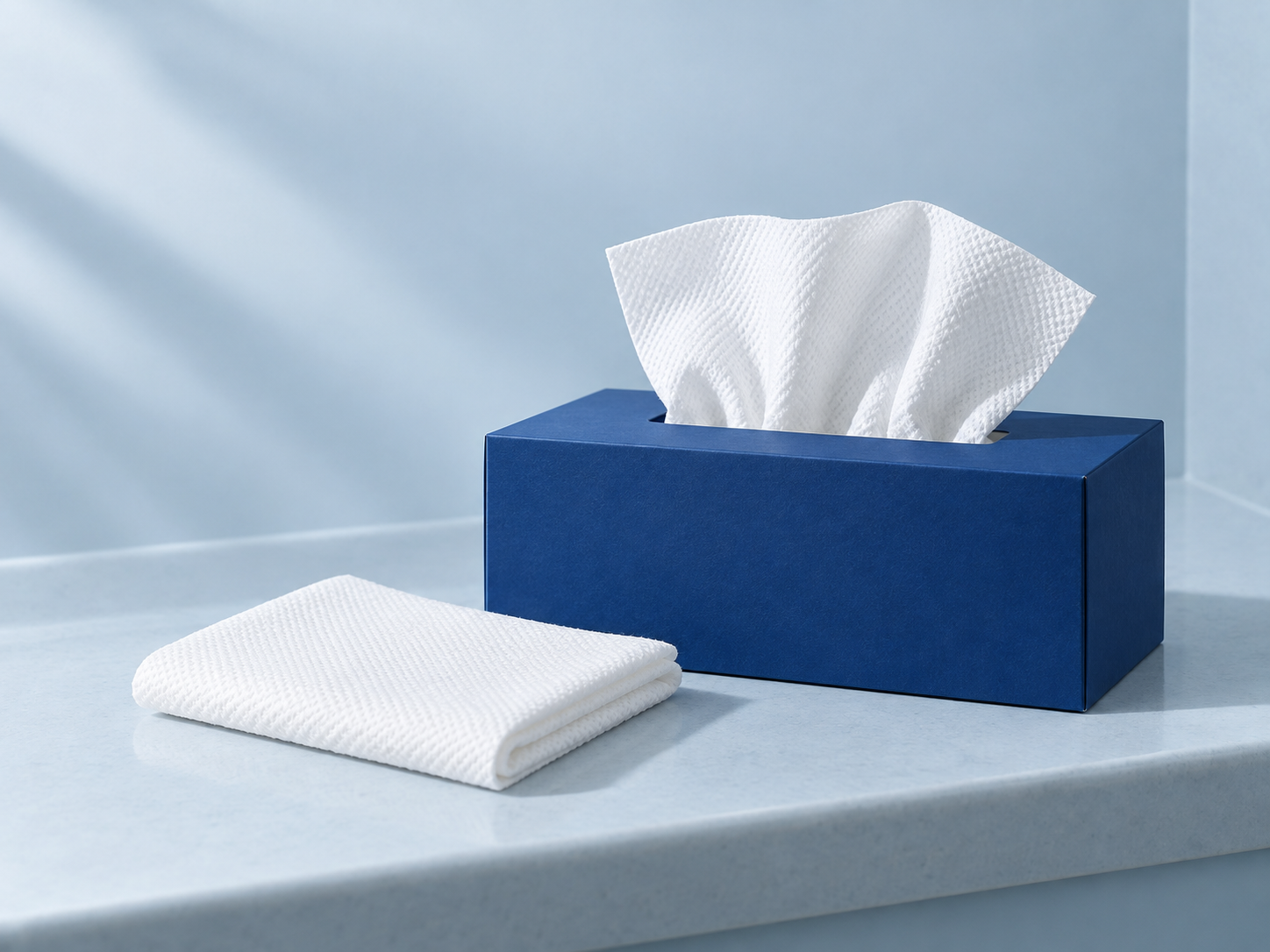 Blå förpackning med vita ansiktsdukar på en badrumshylla